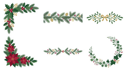 Christmastime holly and pampas floral border corners, festive winter holiday divider frames, elegant red berry green leaf vector set for greetings cards © Mukti