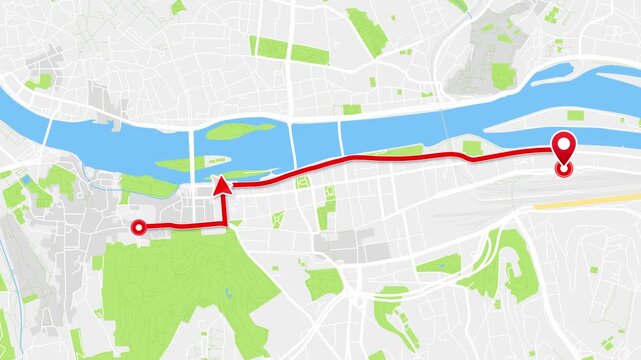 Prague, Czech Republic City Map Animation with Red Route Along Vltava River and Moving Arrow, 4K