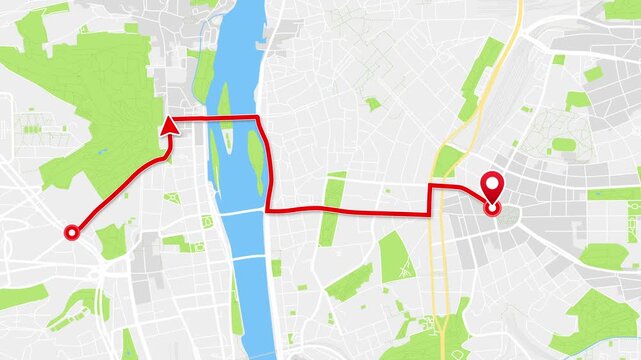 Prague, Czech Republic City Map Animation with Red Navigation Route Across Vltava River, 4K