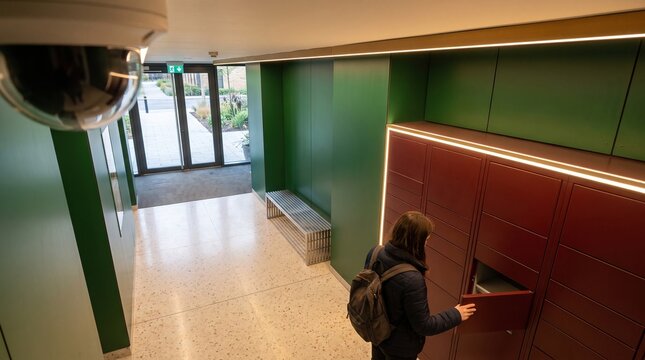 A resident opening an automated parcel locker in a modern apartment building lobby. Smart security camera monitoring the delivery zone for package theft prevention and access control monitoring.