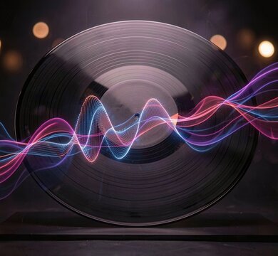 Retro vinyl record with glowing sound wave graphics