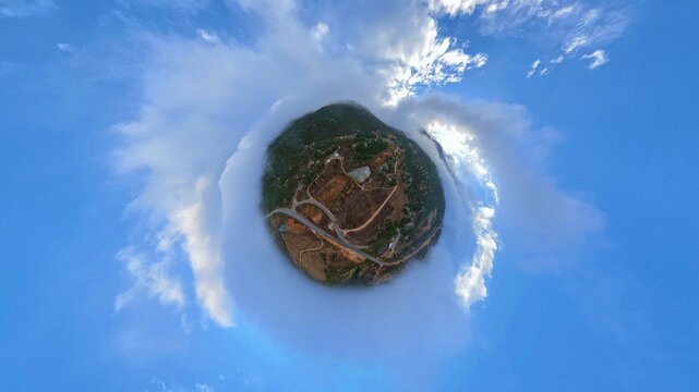 Aerial view of Buck Lake surrounded by winding roads and mountainous terrain in a 360-degree panoramic perspective under a clear blue sky in Allenspark, Colorado, United States.