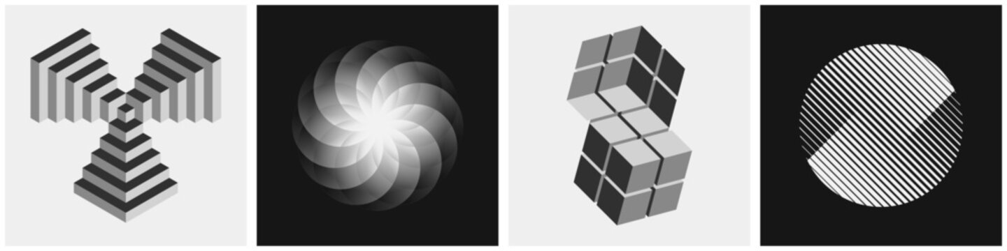 Abstract geometric shapes. Modern collection of optical illusions, dimensional cubes, striped circles and monochrome patterns.