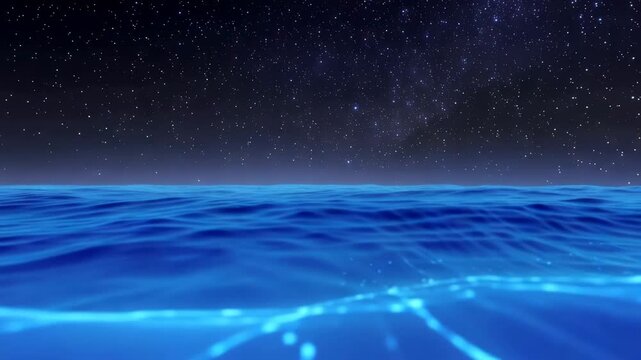Glowing blue ocean waves rolling across a dark sea beneath a star filled night sky in a luminous animated seascape