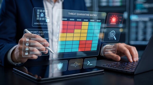 automated incident response and threat detection platform. remediation checklist and security alert severity dashboard. cybersecurity engineer managing compromised endpoints on laptop.

