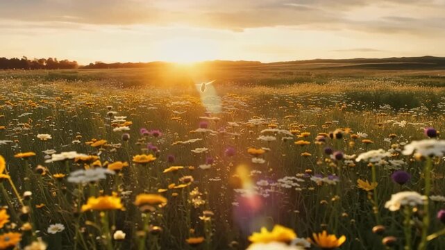 Honey bee flying from white wildflowers across a sunlit meadow as the camera reveals a broad field of colorful blooms at golden hour in a natural countryside landscape