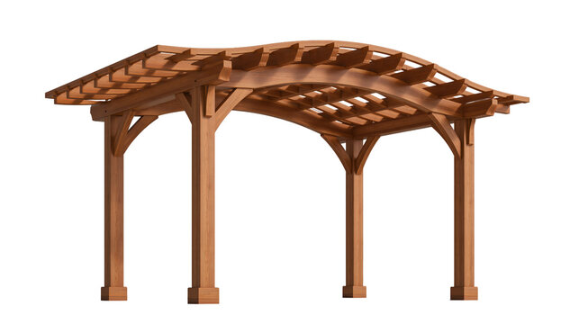 Timber garden pergola with curved roof beams and open sides, shown as an isolated outdoor structure