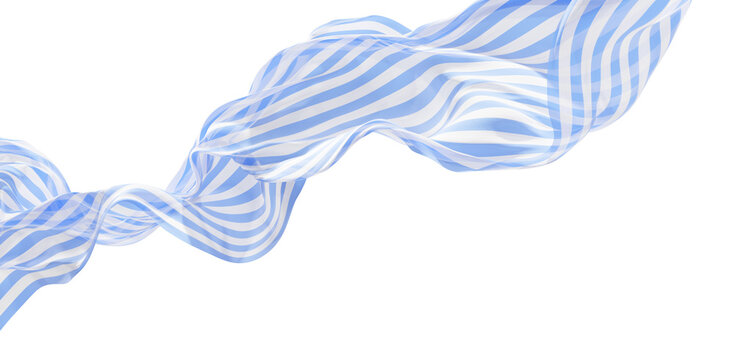Blue and white striped sheer fabric flowing isolated on transparent background with copy space design for summer fashion banner 3D render