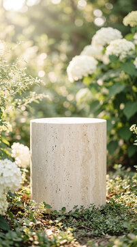 Ivory travertine pedestal with pores and natural beige veining. Outdoor garden with softly blurred white hydrangeas and delicate green leaves, airy luminous atmosphere. Mock-up.