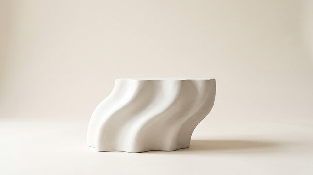Sculptural minimalist podium with flowing wavy sides and asymmetrical curved silhouette, matte white plaster material, white backdrop, empty pedestal. Mock-up. Close-up.