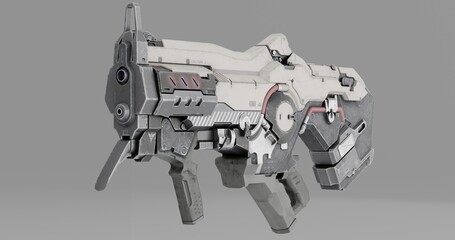 Futuristic sci-fi gun with sleek design and glowing accents on gray © ridho