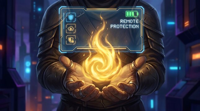 A mysterious figure conjures a swirling flame within their hands seemingly channeling energy from a futuristic holographic interface