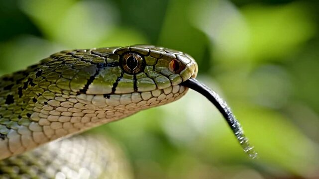 Macro shot of a green snake's head with detailed scales flicking its dark forked tongue out in slow motion with a soft green blurred background.