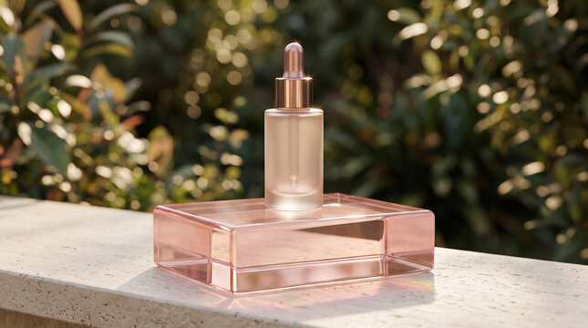 Single glass bottle on translucent blush-pink acrylic block outdoors. Blurred garden greenery on background, minimal composition. Mock-up. Close-up.