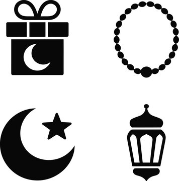 Ramadan icons showing black silhouettes of crescent moons, gift boxes, prayer beads, and traditional lanterns for Islamic holiday celebrations.