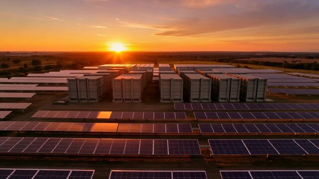 Aerial view moving over expansive solar panel array as sunset light reflects across photovoltaic modules and battery storage units at a renewable energy facility