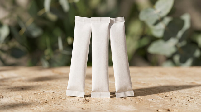Mockup of three blank white paper stick sachets, rectangular packaging, warm beige stone surface, softly blurred green plants on background, elegant minimal wellness aesthetic. Close-up.