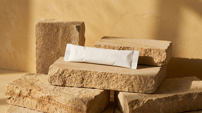 Blank white paper stick sachet on stacked natural sandstone blocks of different heights, warm muted ochre yellow backdrop. Mockup. Close-up.