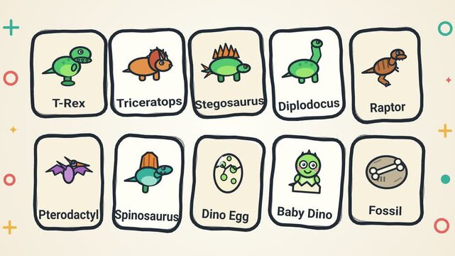 Cute Cartoon Dinosaur Flashcard Animation Array For Kids Early Education Preschool Prehistoric Animal Species Study Presentation Visual Content