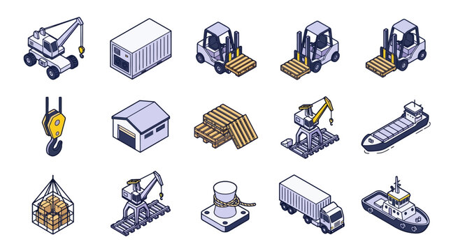Creative Isometric of Various Industrial Equipment and Vehicles in Monochrome and Yellow Accents