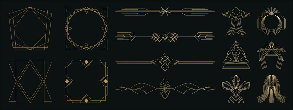 Luxury Art Deco Vector Decorative Elements Featuring Champagne Gold Linear Frames, Ornate Dividers, Fan Shapes and Vintage Geometric Emblems on Black Background