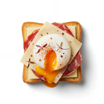 Top view of a poached egg with runny yolk on toast with sliced cheese and ham, isolated on a white background