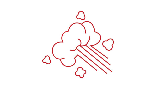 Red line art cartoon dust cloud with speed motion lines isolated on white background. Thin outline puff of smoke with small flying particles. Action element for banners, posters and design.