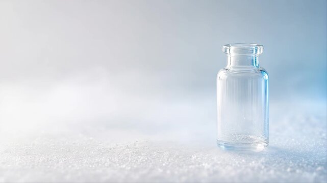 a single clear glass vaccine vial standing on a frosted white surface