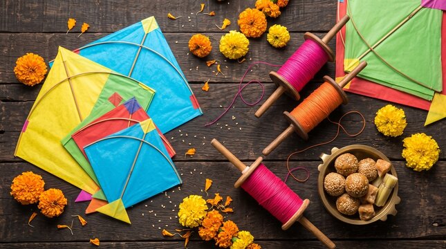 Makar Sankranti Festive Composition with Kites Spools and Flowers on Wood