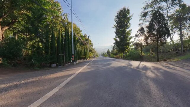 Straight asphalt road through a tree-lined countryside landscape, leading toward distant mountains with warm evening sunlight filtering through roadside trees beneath a clear blue sky.
