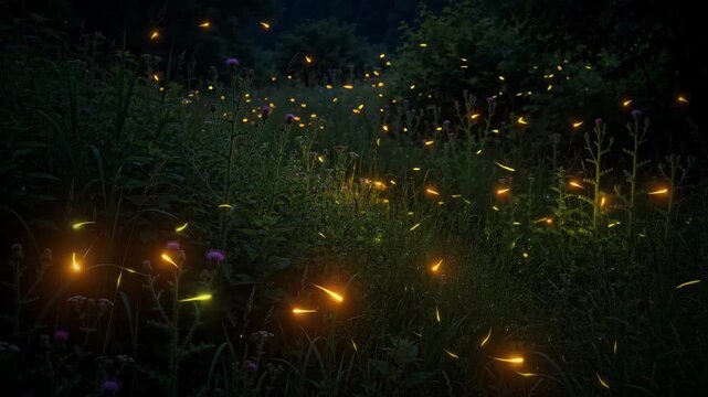 Fireflies glowing in dark meadow