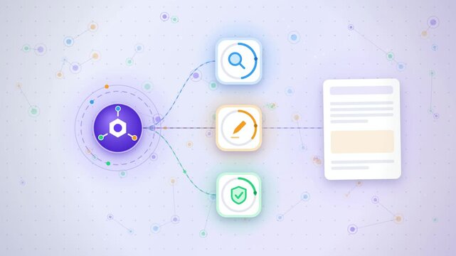 AI agents team animation, lead agent delegates tasks to three specialists and results combine into one document