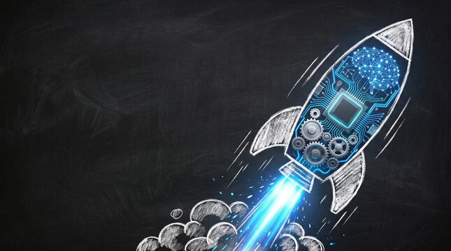 Chalk drawing of a rocket on a blackboard containing a glowing digital brain, processor, and gears launching upward with copy space