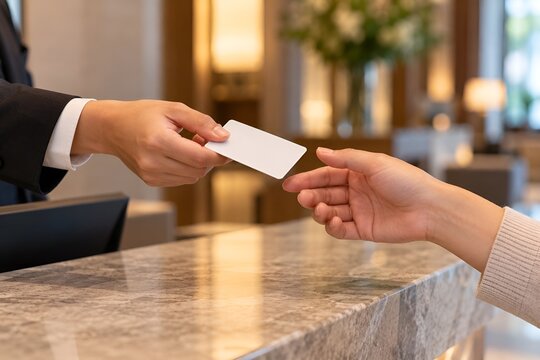 Hotel Staff Handing a Key Card to a Guest at Reception