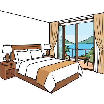 Vector illustration of Hotel room with ocean view, cartoon icon style isolated on transparent background for graphic design asset