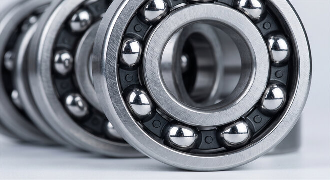 Metallic ball bearings row in close-up shot, industrial chrome steel roller components, shiny automotive machinery spare parts