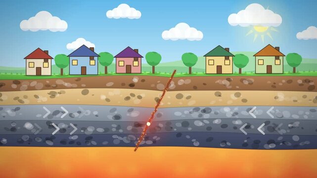 Tectonic plates earthquake animation, plates grind and slip, seismic waves spread to houses on the surface