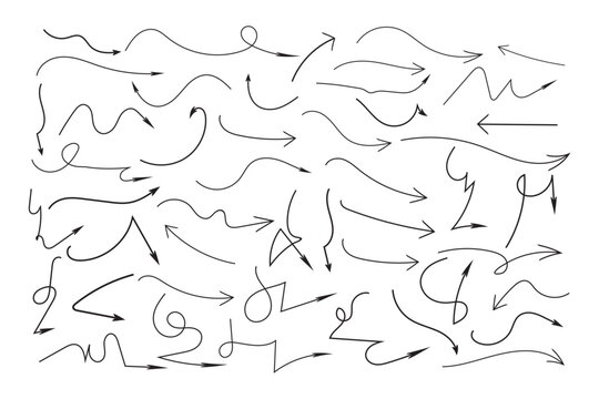 Hand drawn doodle arrows set, black sketch wavy curved squiggly direction pointers collection for infographic presentation navigation design element