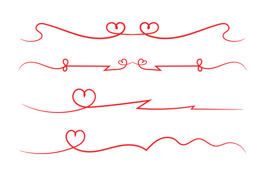 Red heart dividers set, hand drawn romantic love swirl line borders with valentine flourish ornaments for wedding card invitation decoration