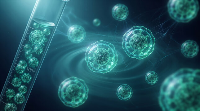 green microalgae cells glowing in water with laboratory glassware and copy space. concept of biotechnology, biofuel production, and scientific research. banner, website header.