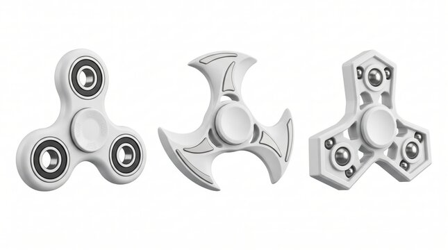 Three white plastic fidget spinners with different geometric shapes and metal ball bearings, isolated on a plain white background