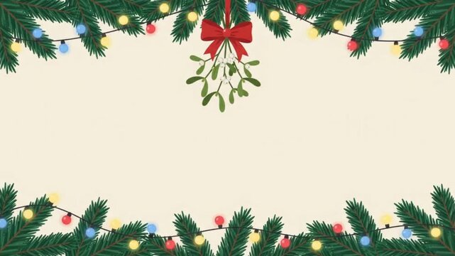Animated holiday background featuring top and bottom borders of green pine branches decorated with colorful twinkling string lights and a hanging mistletoe with a red bow. Looping 2D flat vector anima