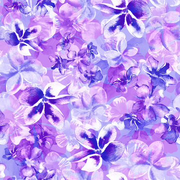 Purple fluid flowers seamless floral watercolor pattern. Loud flowers all over the background.
