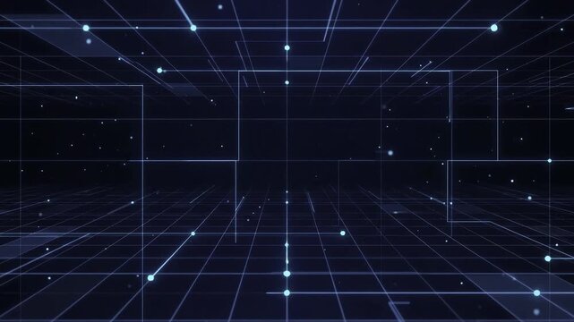 A dark abstract digital landscape features a glowing grid of vibrant blue lines and connected points