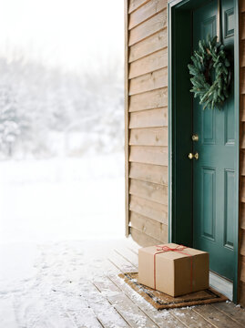 Cardboard parcel with red string on snowy wooden porch beside green front door with fir wreath, winter delivery