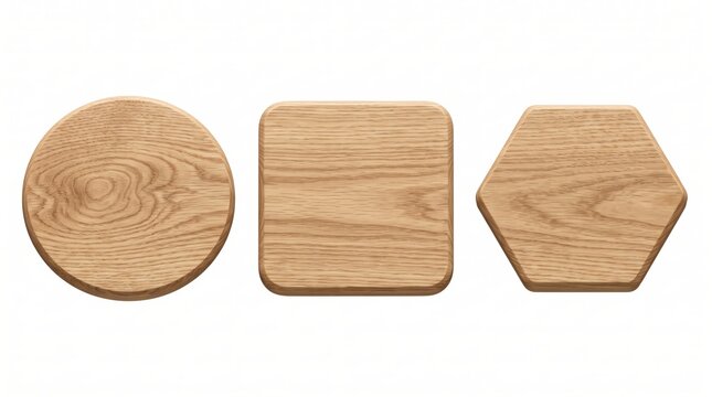 Three wooden coasters with natural oak grain patterns, shaped as a circle, a rounded square, and a hexagon, isolated on white background