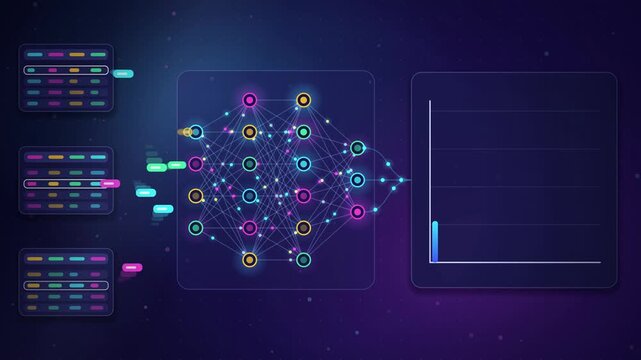 AI sales forecast animation, data tables feed a neural network that predicts future growth on a chart