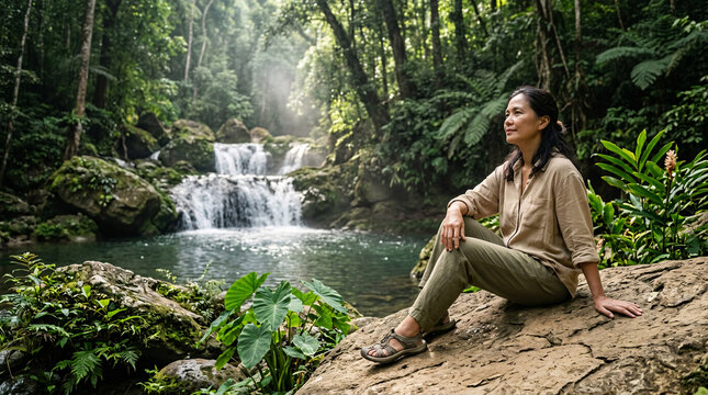 Female traveler relaxing on a rock beside a peaceful rainforest waterfall and natural freshwater pool