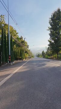 Vertical footage of a straight asphalt road leading toward distant mountains, surrounded by lush roadside trees, utility poles and streetlights beneath a clear blue sky.