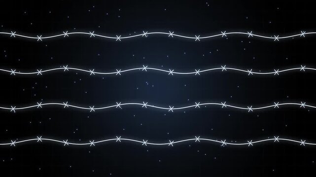 Glowing barbed wire fence animation on dark background, neon wire security concept, digital protection and prison boundary loop